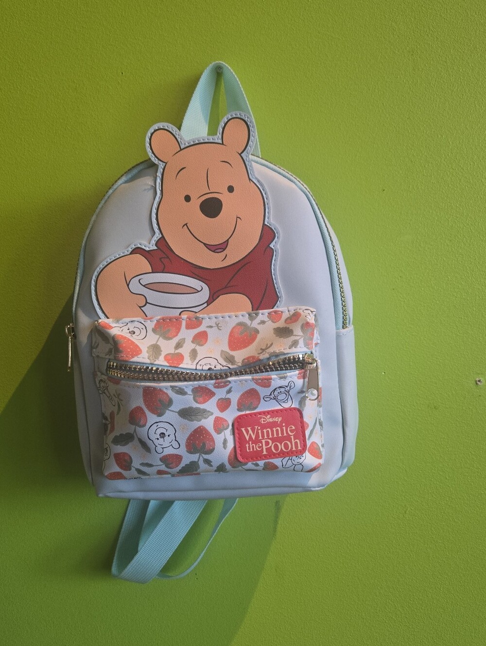 Winnie the Pooh Mini Backpack - Light Blue with Strawberry Print